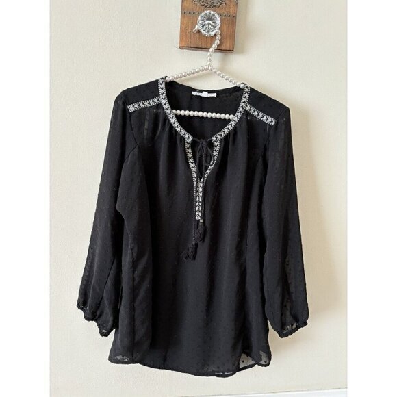 DR2 Womens Size L Black Blouse Dotted Swiss Boho Embroidered - Picture 1 of 6